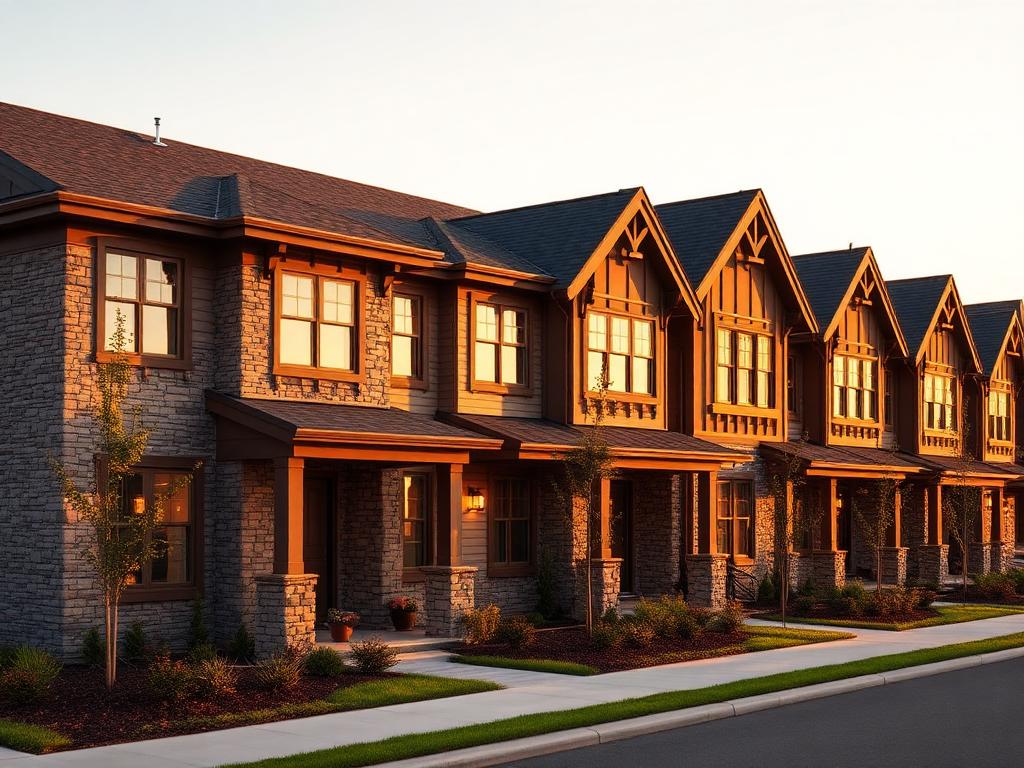 Modern craftsman townhome community at golden hour